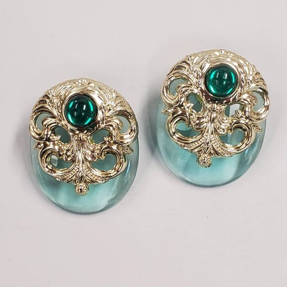 Etruscan Motif Acrylic and Gold-tone Earrings Large Statement - Picture 1 of 10